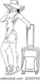 Sketch drawing of Travelling woman with luggage concept of travel silhouette, happy woman girl with suitcase cartoon doodle drawing