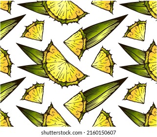 Sketch drawing tropical pattern of yellow pineapple sliced and green leaves isolated on white background. Hand drawn juicy pineapple wallpaper. Organic exotic fruit packaging. Vector illustration.