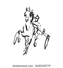 Desenho de esboço de cavalo de trotter, ilustração de corrida de arnês, carrinho com cavalo e jóquei