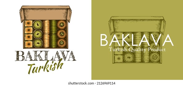 Sketch drawing Turkish pistachio baklava logo isolated on white and green background. Hand drawn oriental sweets icons. Baked desserts with nuts. Food packaging. Box with snack. Vector illustration.