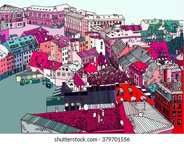 Sketch drawing, urban landscape, cityscape, rooftops and the square in Riga, top view, view from above.