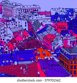 Sketch drawing, urban landscape, cityscape, rooftops and the square in Riga, top view, view from above.