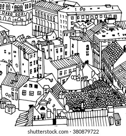 Sketch drawing, urban landscape, cityscape, rooftops and the square in Riga, top view, view from above.