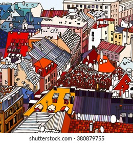 Sketch drawing, urban landscape, cityscape, rooftops and the square in Riga, top view, view from above.