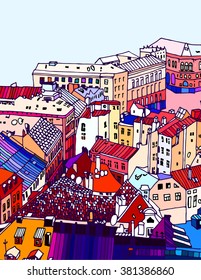 Sketch drawing, urban landscape, cityscape, rooftops and the square in Riga, top view, view from above.