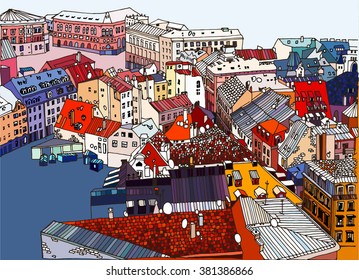 Sketch drawing, urban landscape, cityscape, rooftops and the square in Riga, top view, view from above.