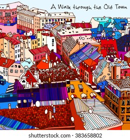 Sketch drawing, urban landscape, cityscape, rooftops and the square in Riga, top view, view from above.