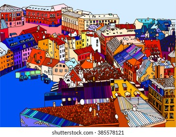Sketch drawing, urban landscape, cityscape, rooftops and the square in Riga, top view, view from above.