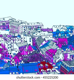Sketch drawing, urban landscape, cityscape, rooftops and the square in Riga, top view, view from above.
