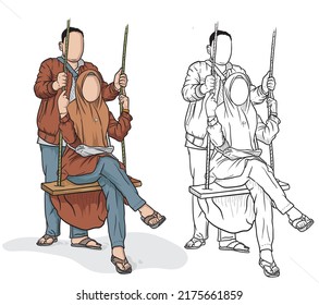 sketch drawing and vector illustration of a couple using a swing, a couple playing on a swing isolated on a white background, a romantic couple drawing