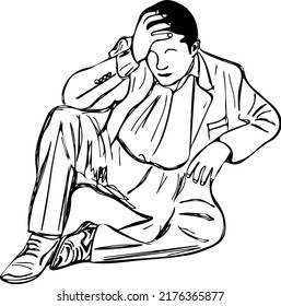 Sketch drawing of very sad professional man holding his head, line art illustration silhouette of sad man in fromel suit holding is hair
