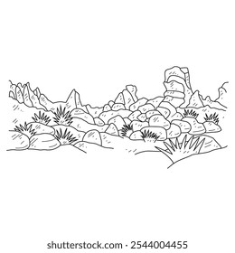 Sketch drawing view of hill vector illustration. Hill landscape view design in simple sketch style vector concept. Landscape themes vector design for education purpose and asset design illustration.