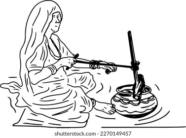 Sketch drawing of village woman churning curd, Silhouette of indian village woman making curd in traditional way, vector illustration of making butter milk in rural area