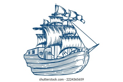 sketch drawing of vintage old ship. isolated vector illustration.