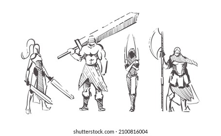Sketch drawing of warriors with different weapons