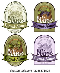 Sketch drawing Wine badges  with blue and green grapes fruit in basket. Vintage vine sticker isolated on white background.  Engraved alcohol drink logotype. Retro grape label.Vector illustration.
