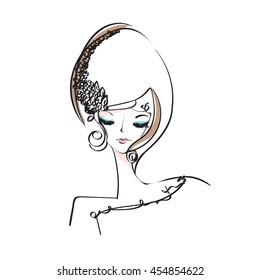 sketch drawing. woman, face, beauty makeup girl, illustration, original sketch vector file
