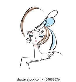 sketch drawing. woman, face, beauty makeup girl, illustration, original sketch vector file