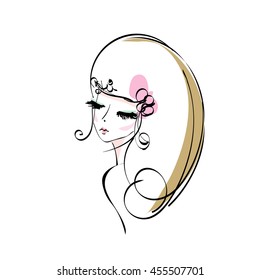 sketch drawing. woman, face, beauty makeup girl, illustration, original sketch vector file