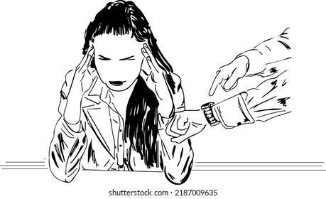 Sketch Drawing Of Worried Woman Who Don't Done Project At Given Time And Her Boss Showing His Wrist Watch For Time, LIne Art Illustration Of Tired And Sad Professional Women