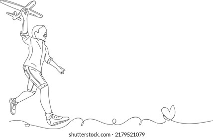 Sketch Drawing Of Young Boy Holding Toy Airplane, Line Art Silhouette Vector Of Boy Running And Holding Paper Plane