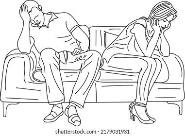 Sketch drawing of young couple angry with each other sitting on couch holding her head, line art illustration of man and woman in angry and depressed pose