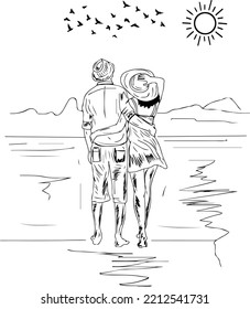 Sketch drawing of young couple enjoying holiday on beach, Husband and wife on beach vector illustration