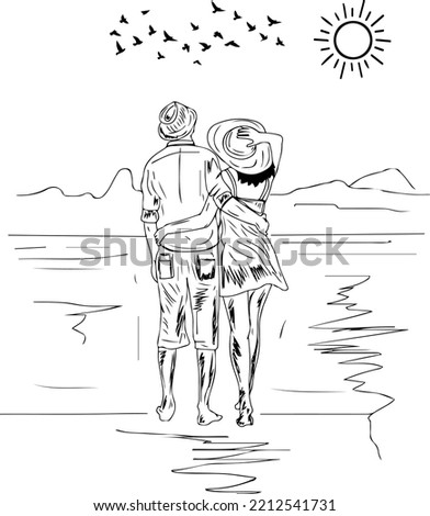 Sketch drawing of young couple enjoying holiday on beach, Husband and wife on beach vector illustration