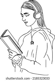 Sketch drawing of young girl listening music on head phone and reading book, Line art illustration of girl using head phone while reading book