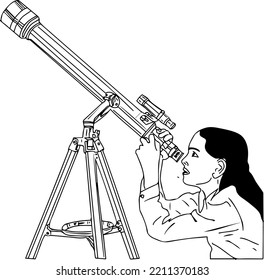 dibujo de una niña joven usando el telescopio para ver las estrellas de la galaxia, ilustración de contorno vectorial de una niña linda usando telescopio mirando las estrellas, silueta de clipart del telescopio, niño de doodle de dibujos animados con