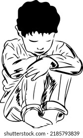 Sketch drawing of young kid sitting in sad pose, line art illustration of kid sitting in depressed pose, Silhouette of angry young boy sitting in sad pose