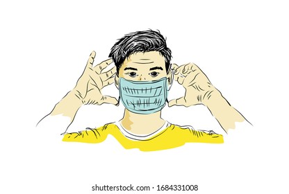 Sketch / drawing young man / people wearing mask. corona virus / covid 19 pandemic 2020. Vector graphic