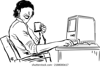 Sketch Drawing Of Young Man Working On Retro Old Computer, Line Art Illustration Of Young Professional Man Working On Vintage Old Computer And Holding Tea Cup, Silhouette Retro Computer