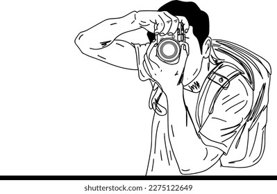 Sketch drawing of young traveling boy holding still camera and doing outdoor photography, Traveling photographer line art vector illustration