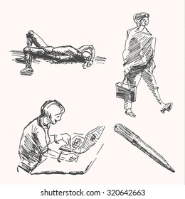Sketch drawings set with notebook, pen, women, bag and dummy