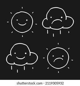 Dibujar dibujos de sol y nube. Dibujado a mano. Ilustración vectorial