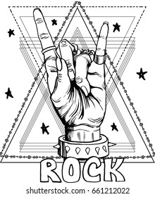 Sketch drawn by hand. Rock gesture. Hand with two fingers up. With arm rings and a bracelet with spikes.The subculture is a rock symbol. Design T-shirt or music poster