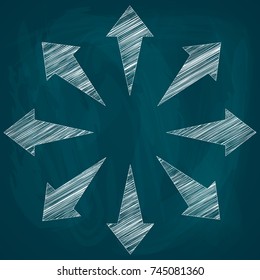Sketch of drawn curly arrows directed from the center of the picture, vector illustration