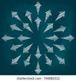 Sketch of drawn curly arrows directed from the center of the picture, vector illustration