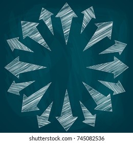 Sketch of drawn curly arrows directed from the center of the picture on a blue background, vector illustration