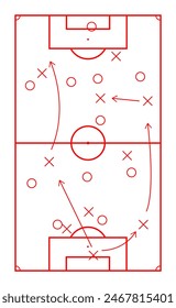 Esquema de táctica de fútbol dibujado boceto marcador rojo Plan de ataque o acumulación. Vector del Plan del juego para el jugador, esquema sketch soccer, estrategia y táctica deportiva, diseño de entrenamiento de equipo, ilustración de trabajo en equipo