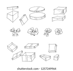 Sketch. Drawn. Gift boxes, packaging. Vector illustration.