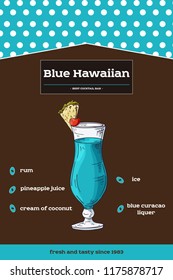 Sketch drawn illustration of cocktail. Detailed recipe and ingredients. Alcohol theme in vector.