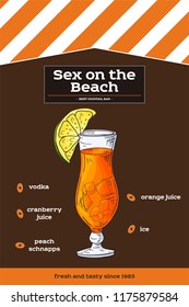 Sketch drawn illustration of cocktail. Detailed recipe and ingredients. Alcohol theme in vector.