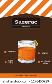 Sketch drawn illustration of cocktail. Detailed recipe and ingredients. Alcohol theme in vector.