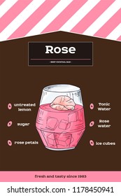 Sketch drawn illustration of cocktail. Detailed recipe and ingredients. Alcohol theme in vector.