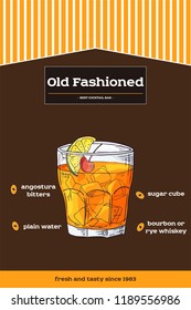 Sketch drawn illustration of cocktail. Detailed recipe and ingredients. Alcohol theme in vector.