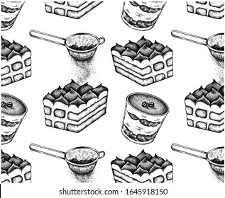 Sketch drawn pattern with black vintage italian dessert tiramisu, strainer with cocoa powder. Engraved cake in a glass, mascarpone, savoiardi, chocolate. Retro wallpaper for menu. Vector illustration.