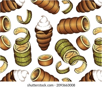 Sketch drawn pattern of colorful chimney cake with pistachio on white background.  Drawing chocolate trdelnik, hungarian sweet baked food, czech dessert, kürtőskalács wallpaper. Vector illustration.