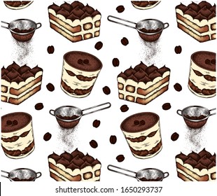 Sketch drawn pattern with italian dessert tiramisu, strainer with cocoa powder. Vintage engraved sweets, cupcake, coffee beans, mascarpone, savoiardi, chocolate. Retro wallpaper. Vector illustration.